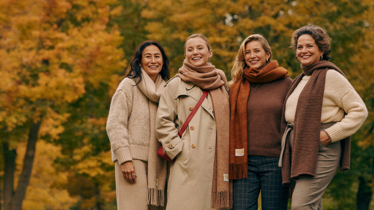 Four women in autumn knitwear and scarves in a park