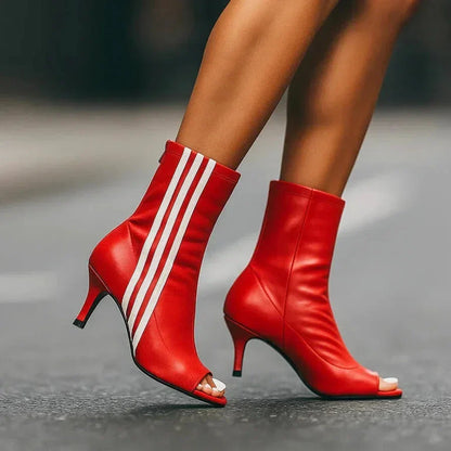 Women's open-toe ankle boots with striped side panel