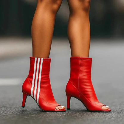 Women's open-toe ankle boots with striped side panel – Wine Red