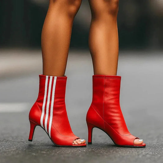 Women's open-toe ankle boots with striped side panel – Wine Red