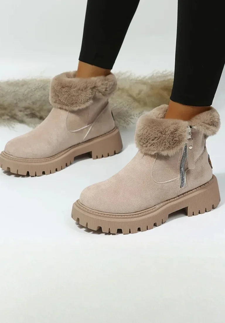 Women's suede side zip ankle boots with faux fur trim