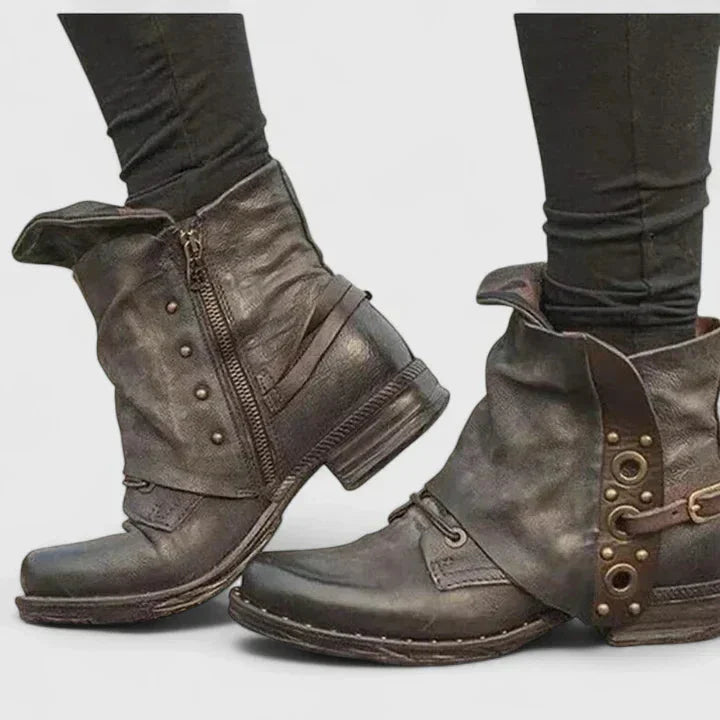 Women's faux leather side zip ankle boots with buckle strap