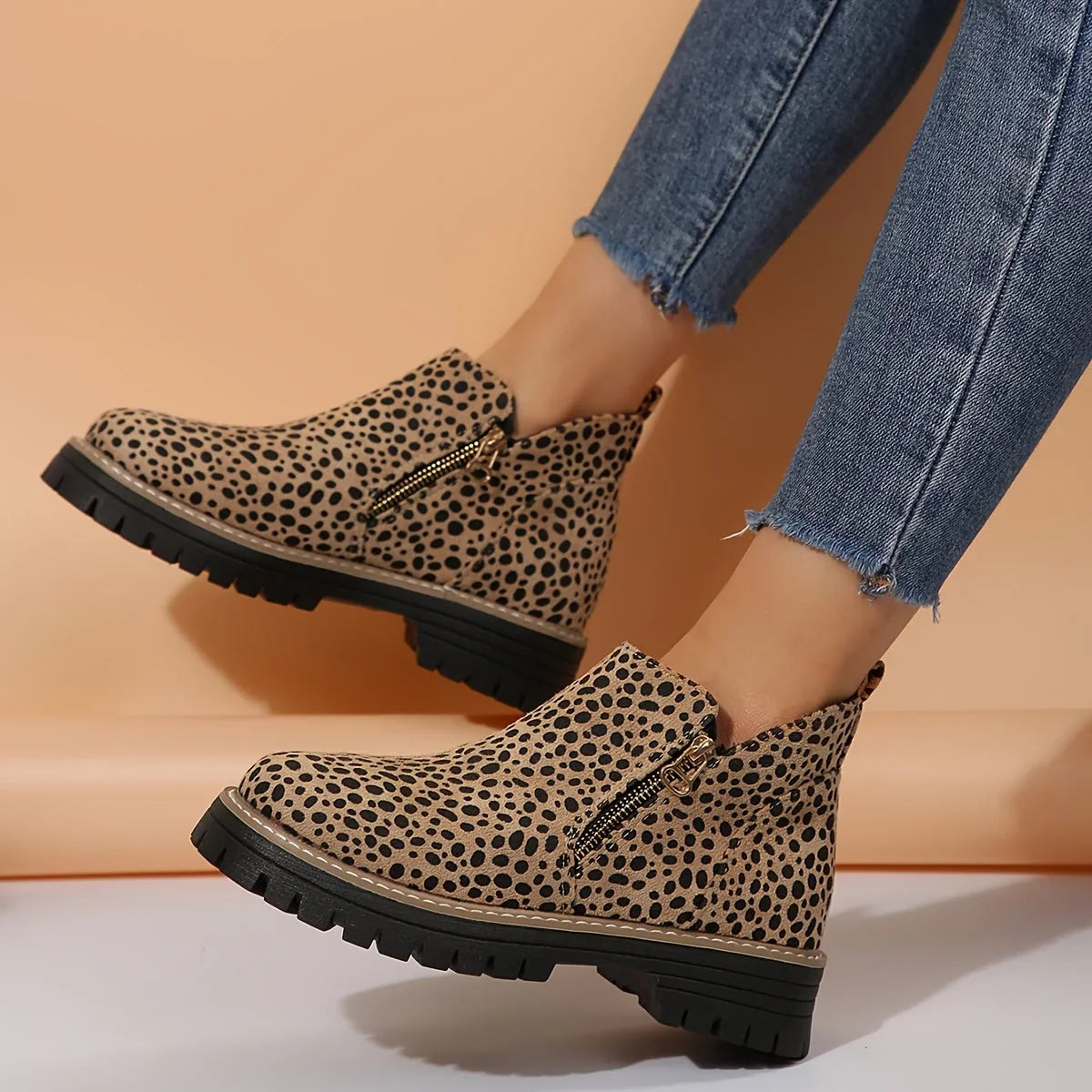 Women's leopard suede side zip ankle boots with chunky lug sole
