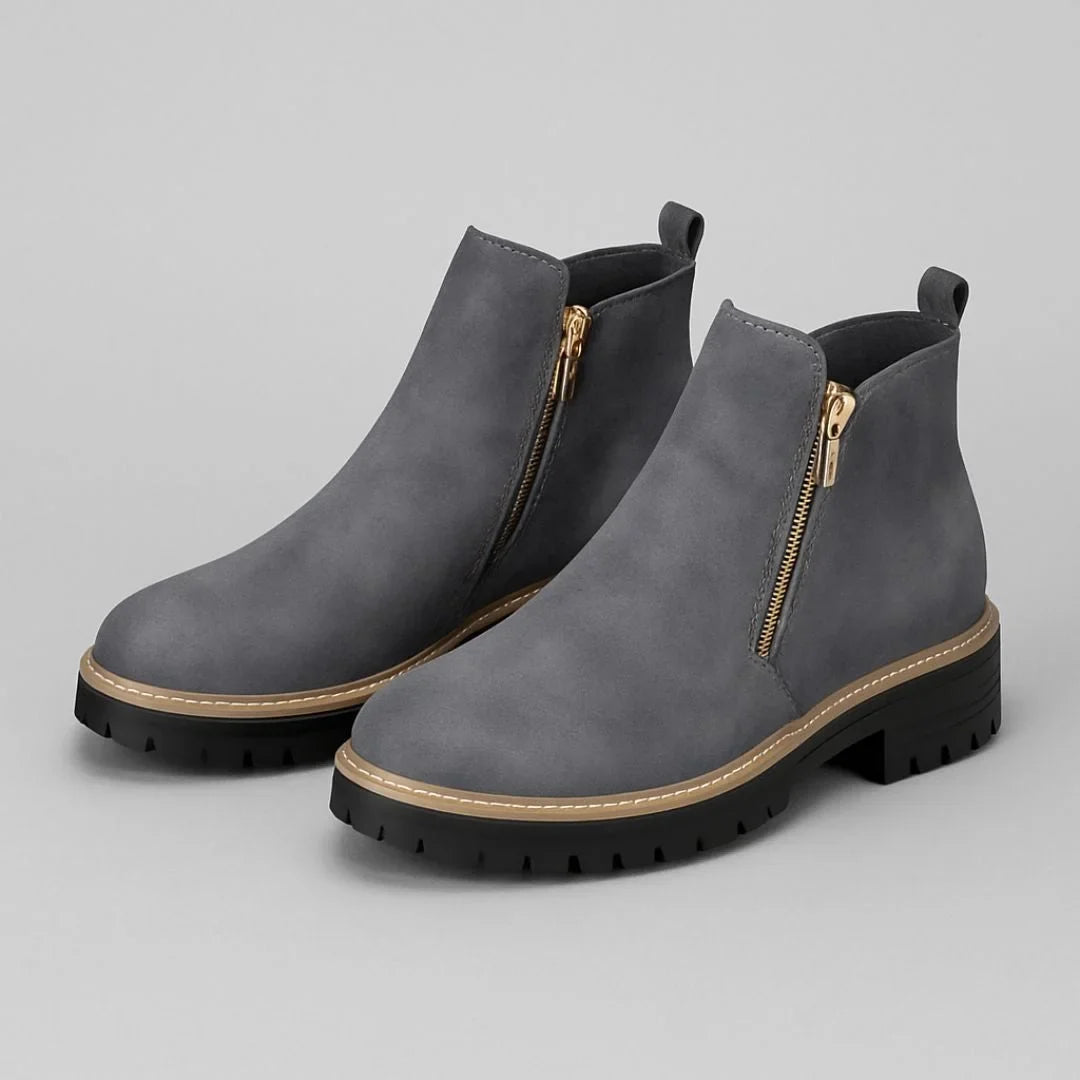 Women's suede side zip ankle boots with tone zipper