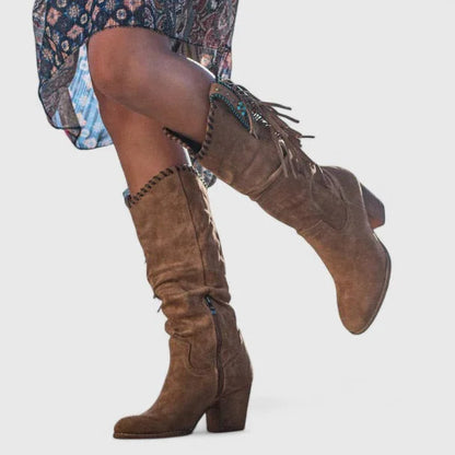 Women's suede side zip knee high boots with fringe