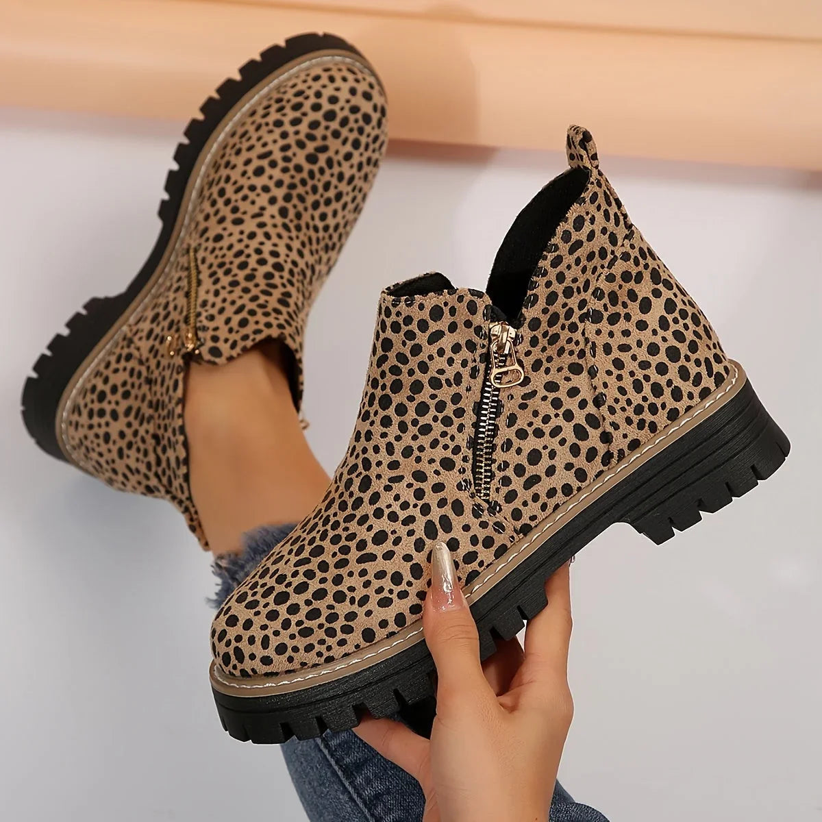 Women's leopard suede side zip ankle boots with chunky lug sole
