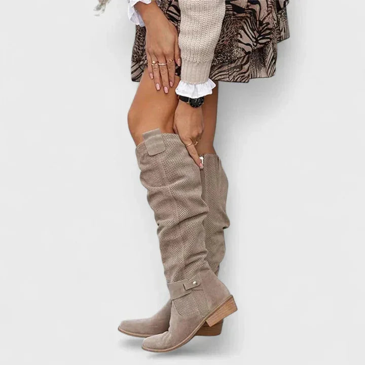 Women's perforated suede side zip knee high boots – Grey