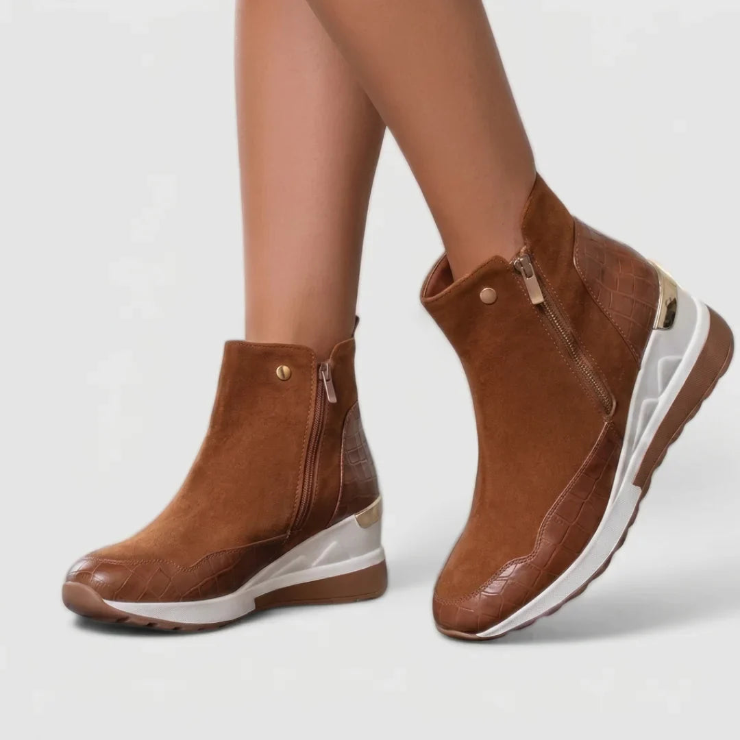 Women's suede side zip ankle boots with crocodile-embossed panels