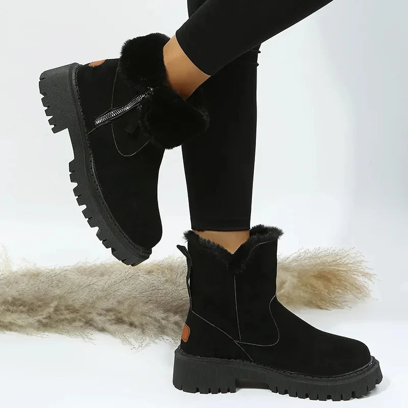 Women's suede side zip ankle boots with faux fur trim