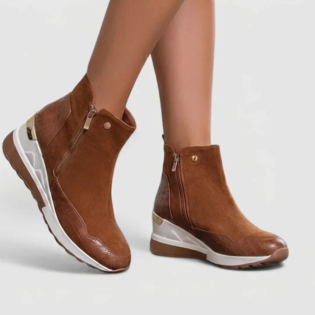 Women's suede side zip ankle boots with crocodile-embossed panels