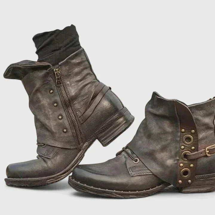 Women's faux leather side zip ankle boots with buckle strap
