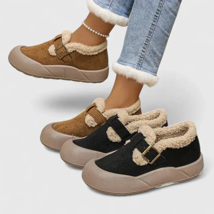 Women's suede slippers with sherpa fleece trim