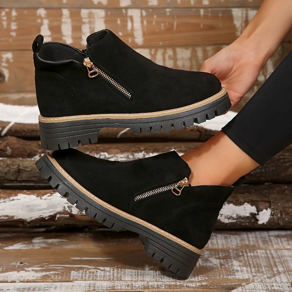 Women's leopard suede side zip ankle boots with chunky lug sole