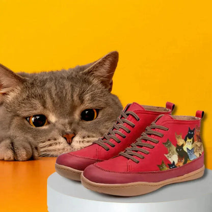Women's lace-up ankle boots with cat print graphic