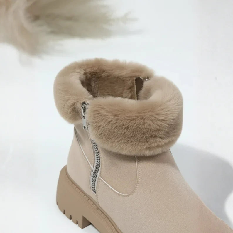 Women's suede side zip ankle boots with faux fur trim