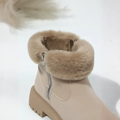 Women's suede side zip ankle boots with faux fur trim