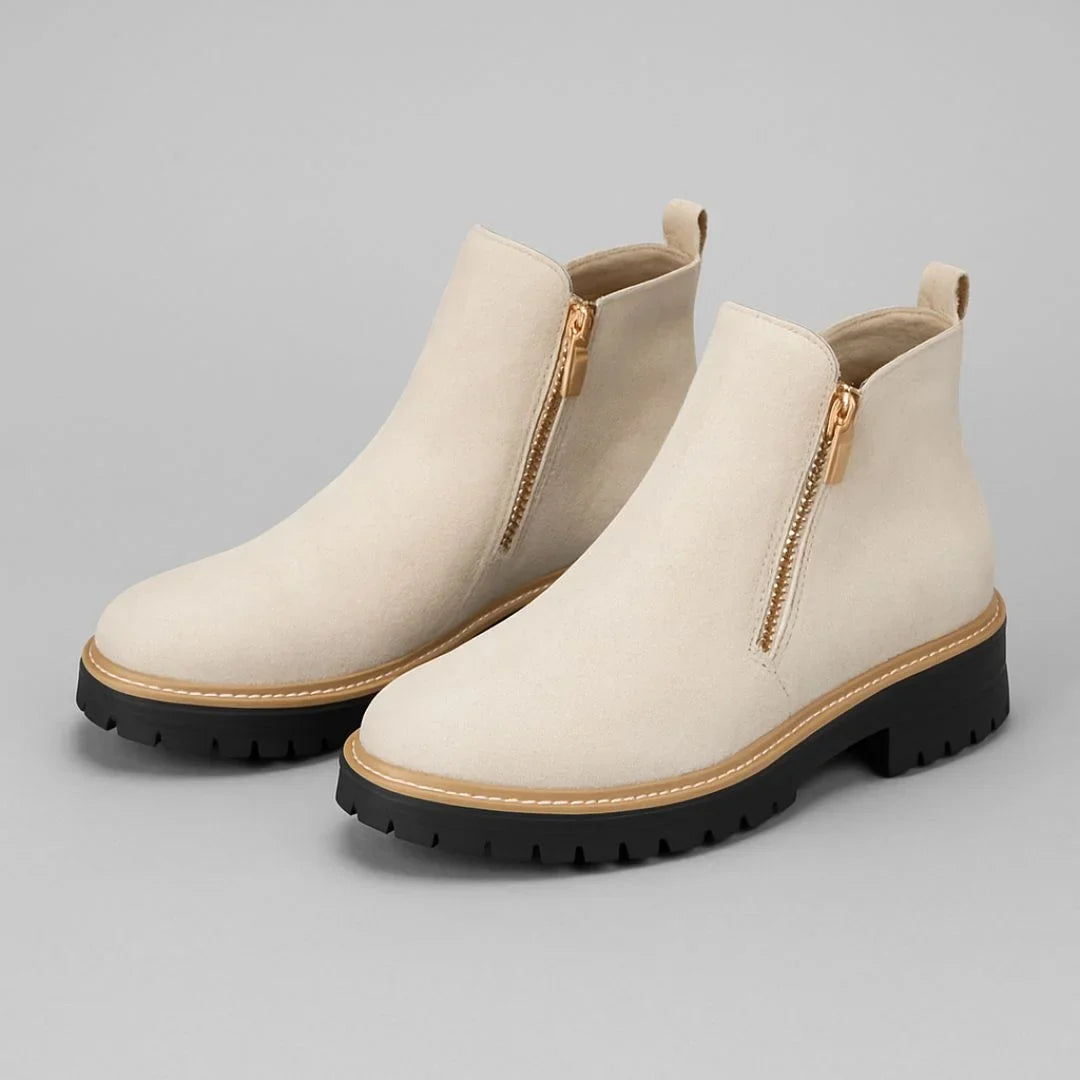 Women's suede side zip ankle boots with tone zipper