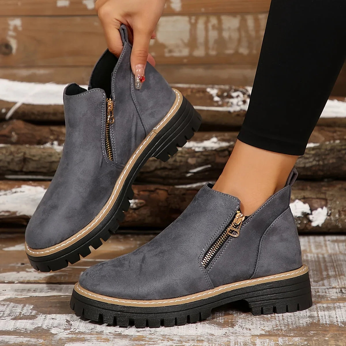 Women's leopard suede side zip ankle boots with chunky lug sole