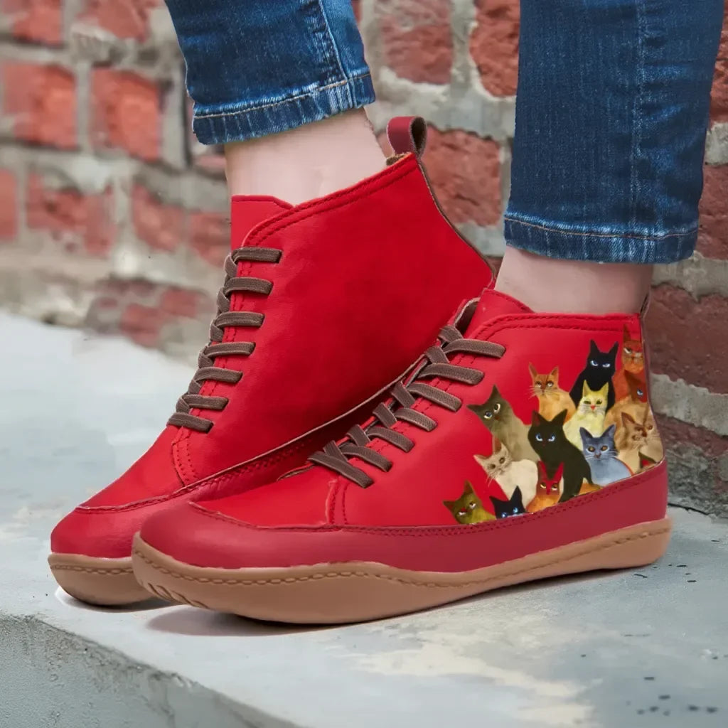 Women's lace-up ankle boots with cat print graphic
