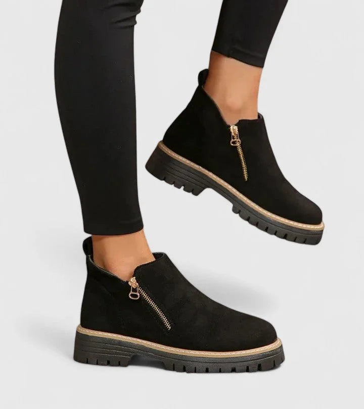 Women's suede side zip ankle boots with chunky lug sole