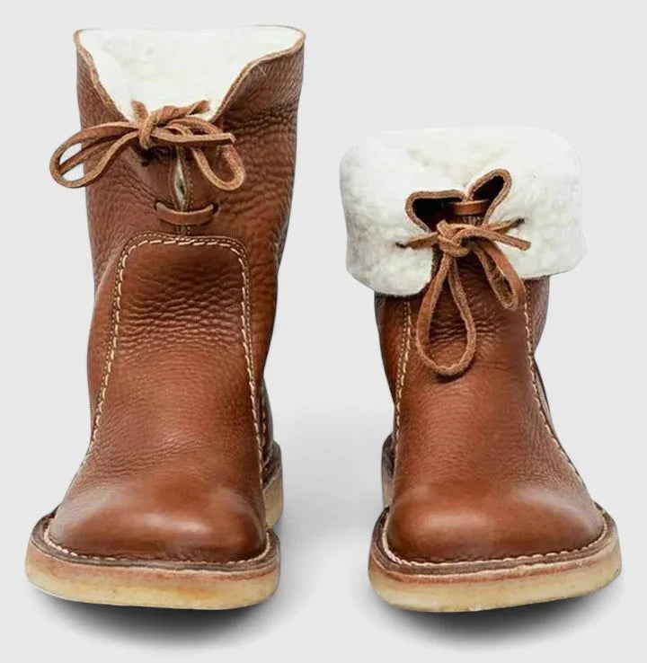 Women's faux leather lace-up ankle boots with sherpa lining