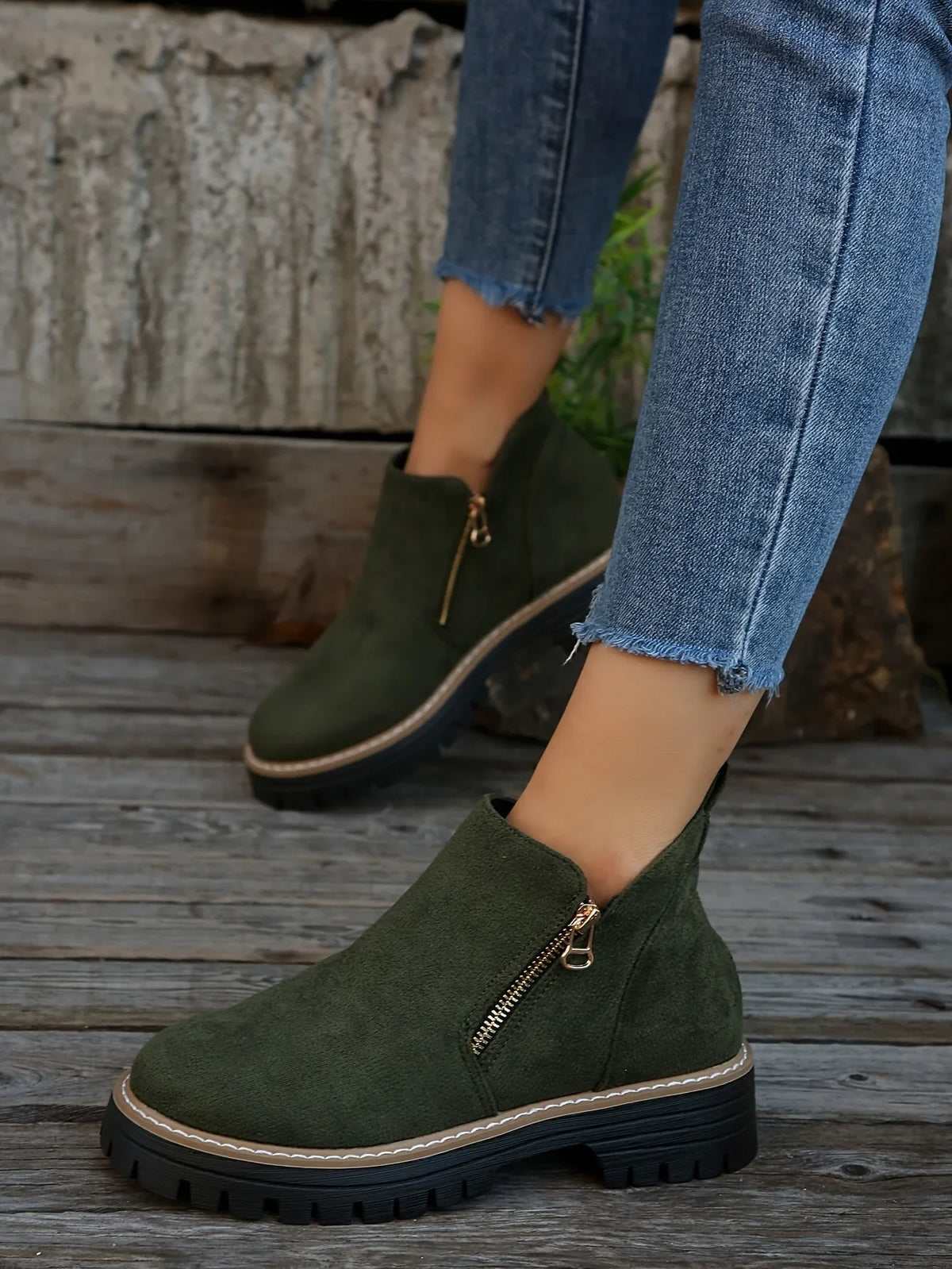 Women's leopard suede side zip ankle boots with chunky lug sole