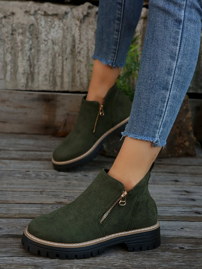Women's leopard suede side zip ankle boots with chunky lug sole