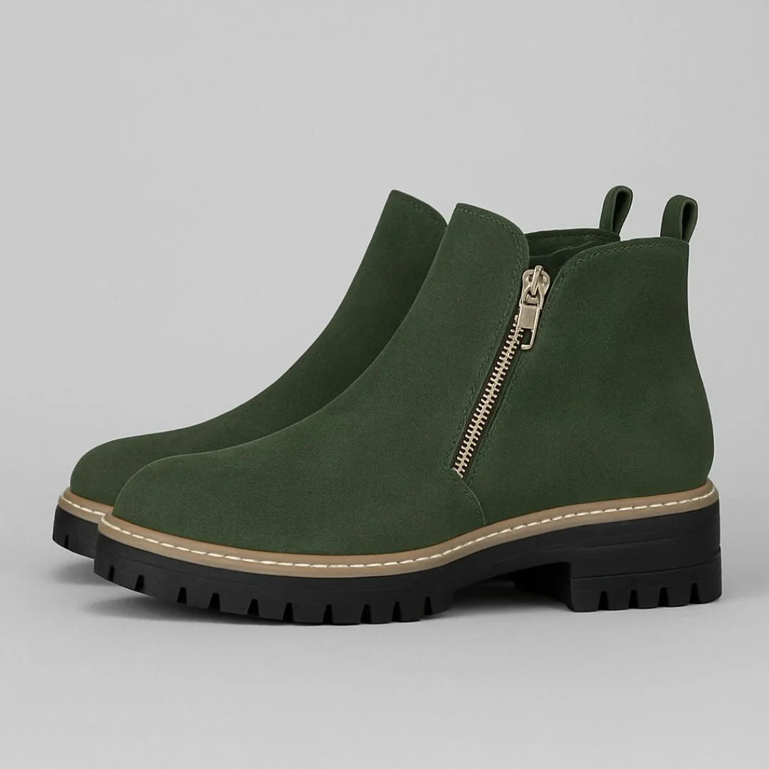Women's suede side zip ankle boots with tone zipper