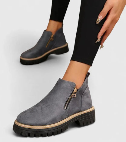Women's suede side zip ankle boots with chunky lug sole