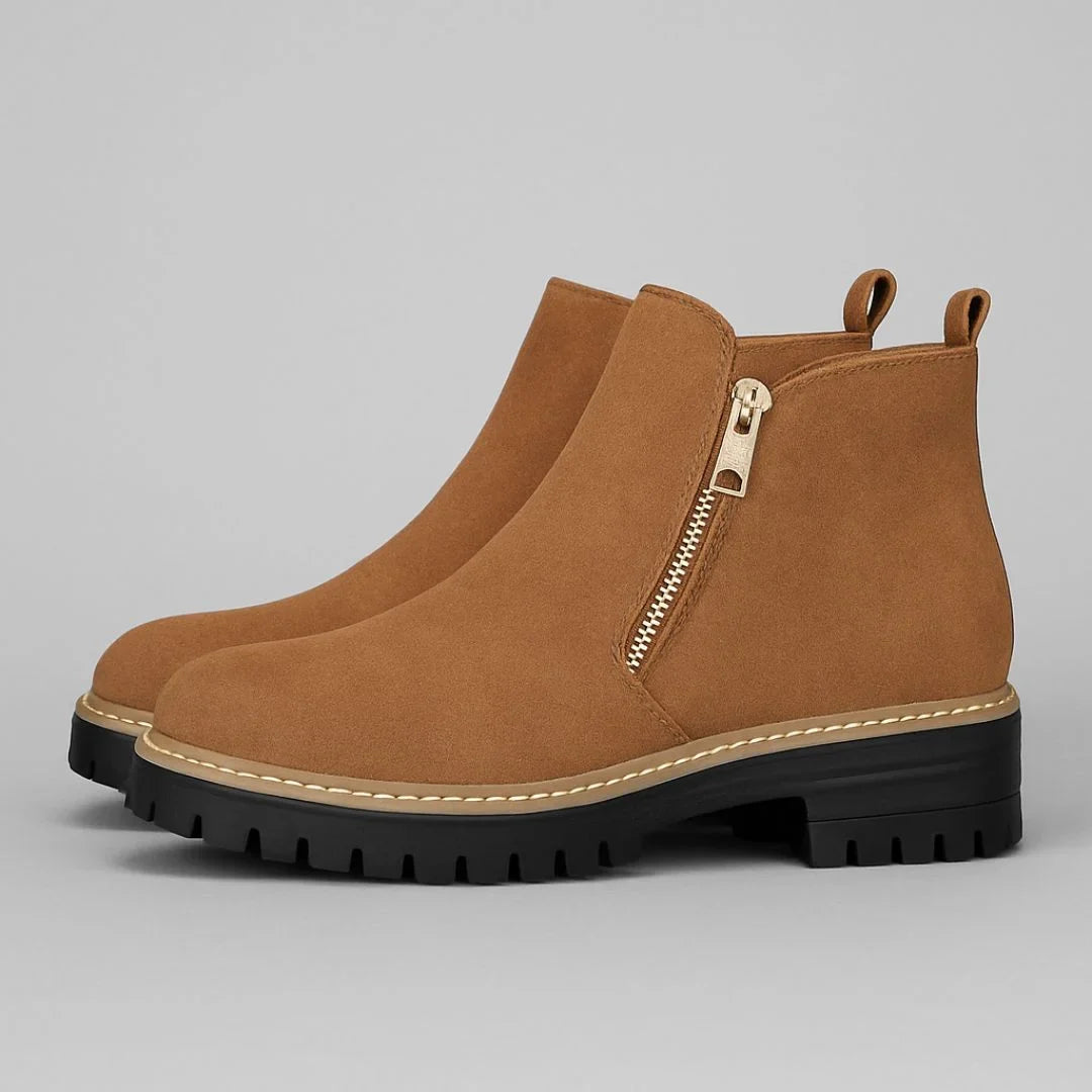 Women's suede side zip ankle boots with tone zipper