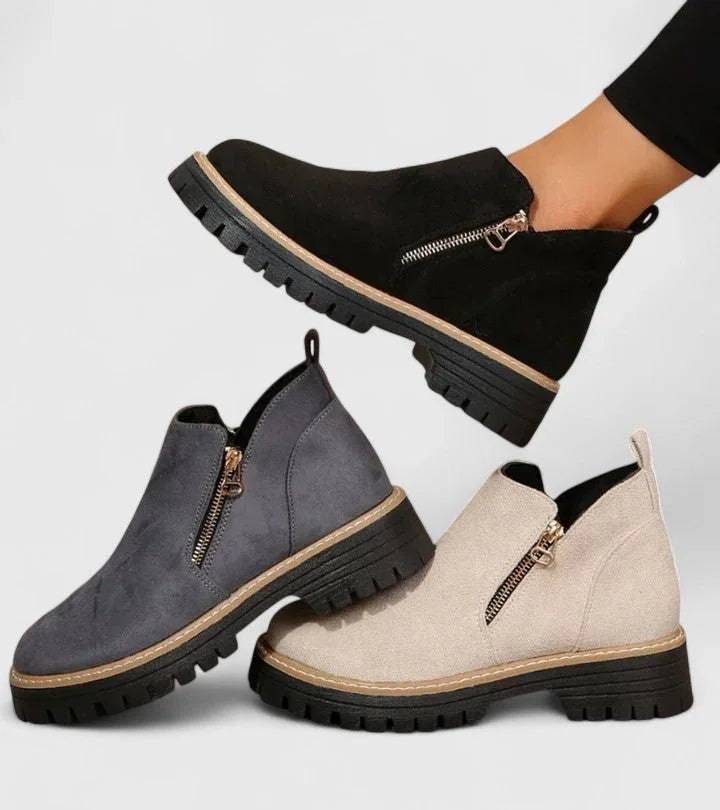 Women's suede side zip ankle boots with chunky lug sole