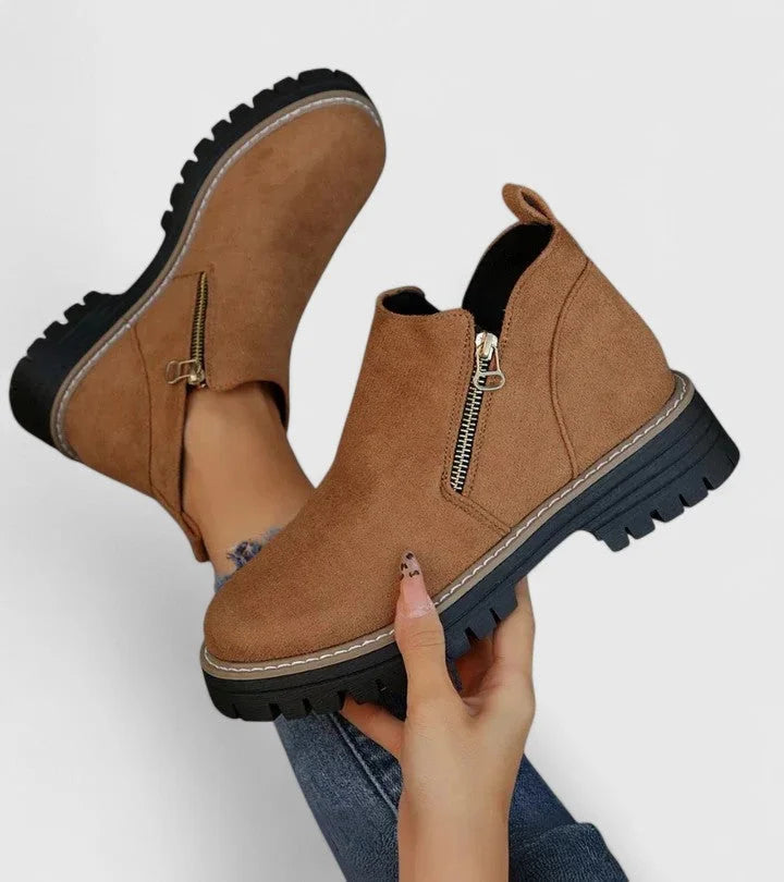 Women's suede side zip ankle boots with chunky lug sole