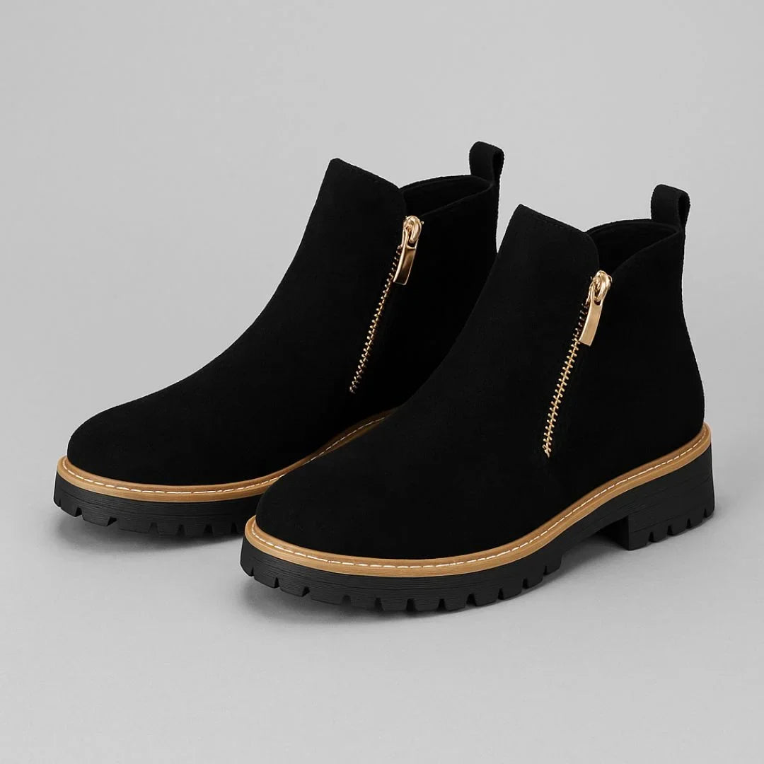 Women's suede side zip ankle boots with tone zipper