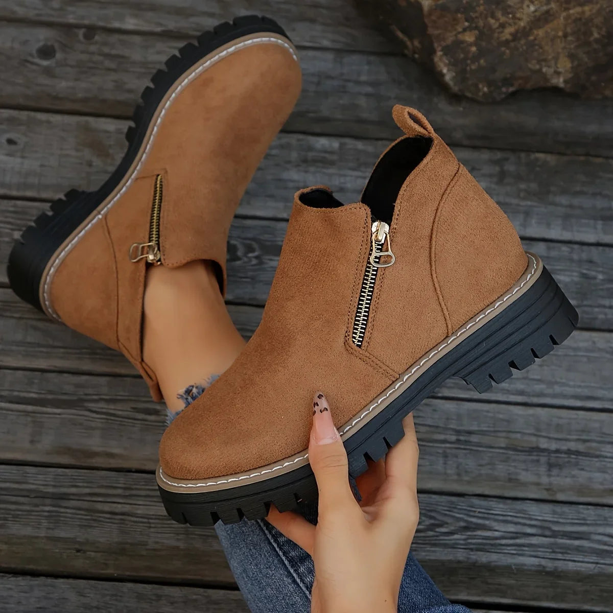 Women's leopard suede side zip ankle boots with chunky lug sole