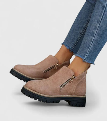 Women's suede side zip ankle boots with chunky lug sole
