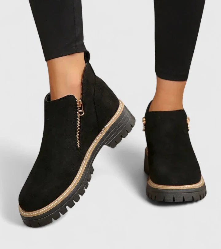 Women's suede side zip ankle boots with chunky lug sole