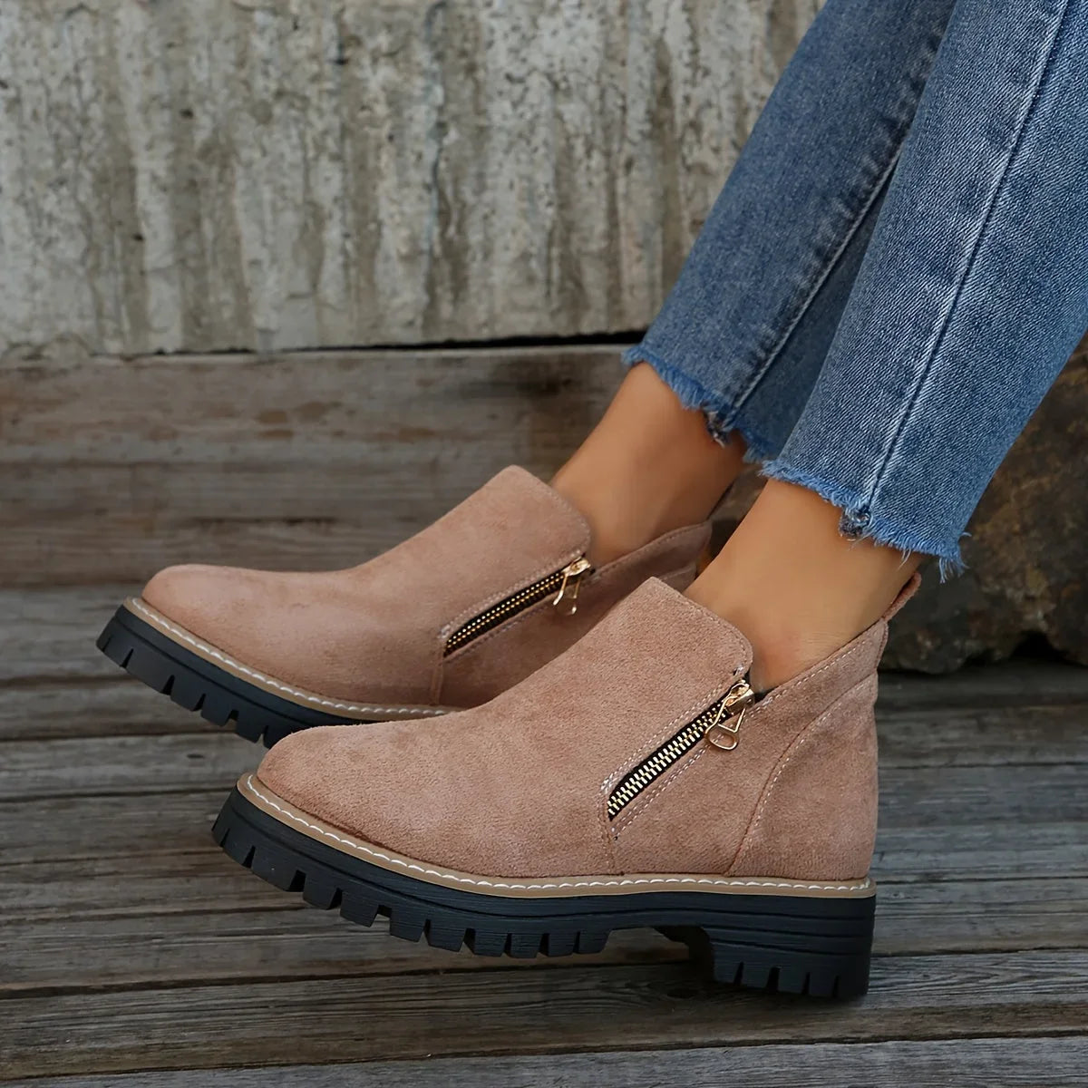 Women's leopard suede side zip ankle boots with chunky lug sole