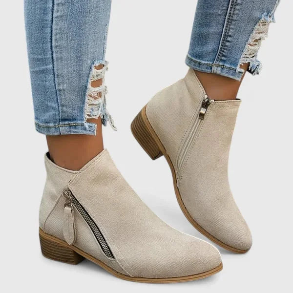 Women's suede side zip ankle boots with low block heel – Beige