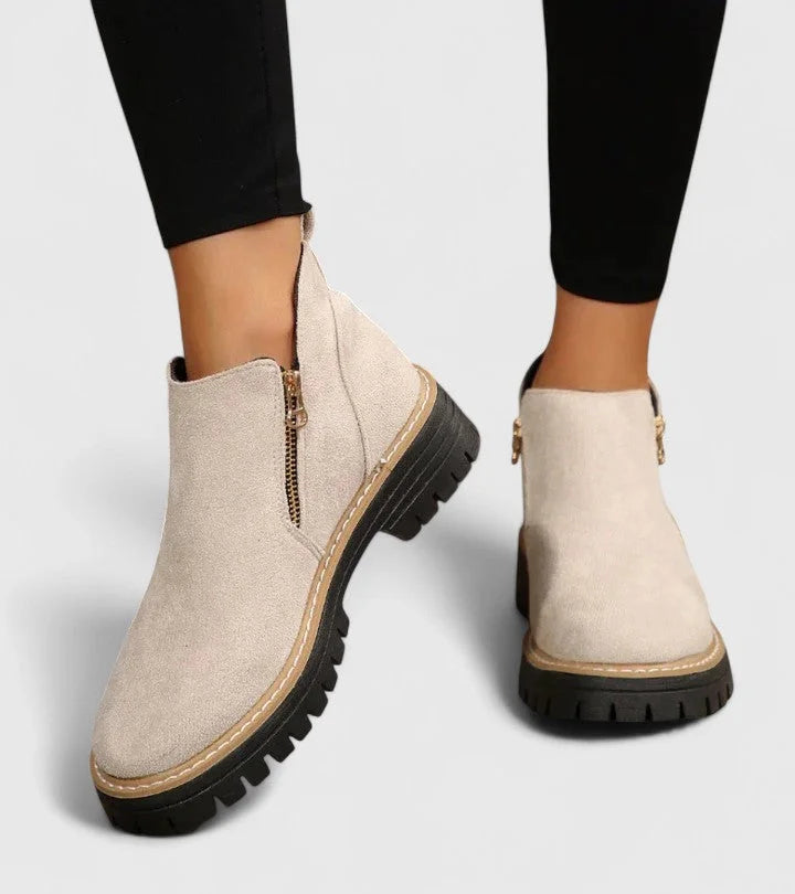Women's suede side zip ankle boots with chunky lug sole – Beige