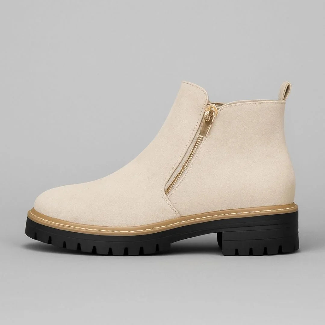 Women's suede side zip ankle boots with tone zipper – Beige