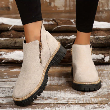 Women's leopard suede side zip ankle boots with chunky lug sole – Beige