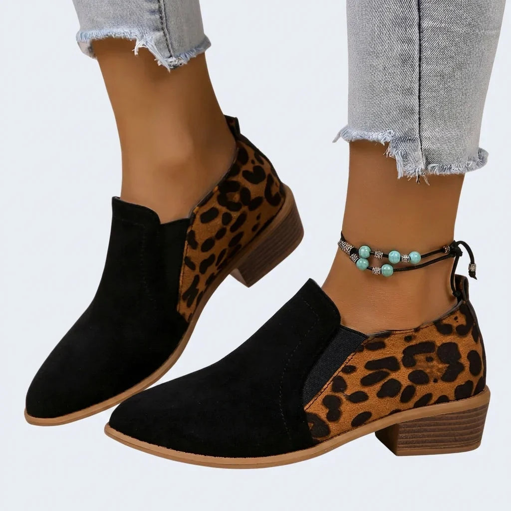 Women's leopard suede ankle boots with pointed toe – Black