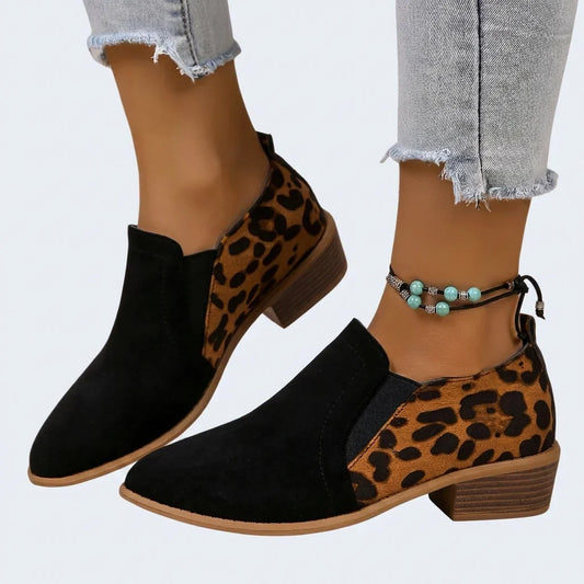 Women's leopard suede ankle boots with pointed toe – Black