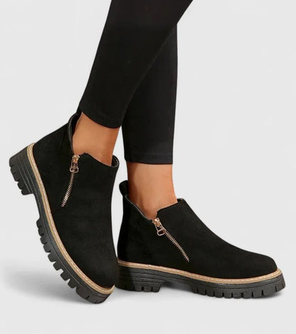 Women's suede side zip ankle boots with chunky lug sole – Black