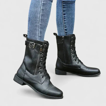 Women's faux leather lace-up ankle boots with side zip – Black