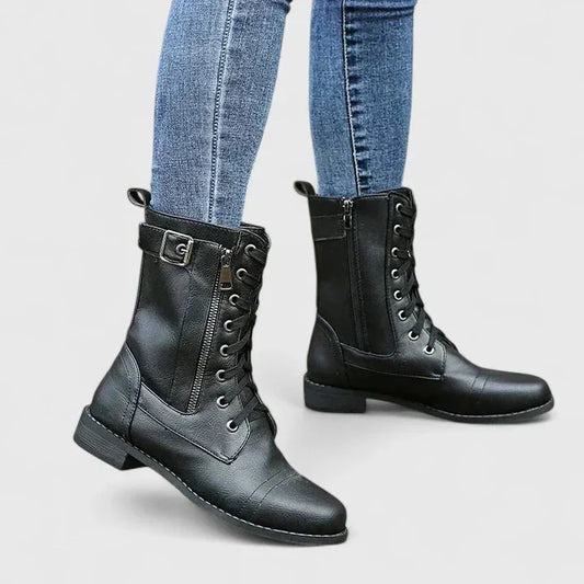 Women's faux leather lace-up ankle boots with side zip – Black