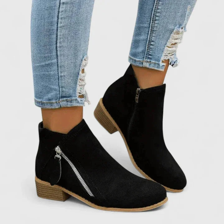 Women's suede side zip ankle boots with low block heel – Black