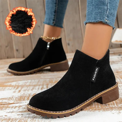 Women's suede side zip ankle boots with warm lining – Black