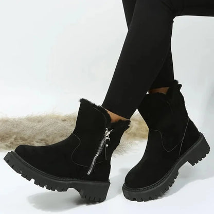 Women's suede side zip ankle boots with faux fur trim – Black