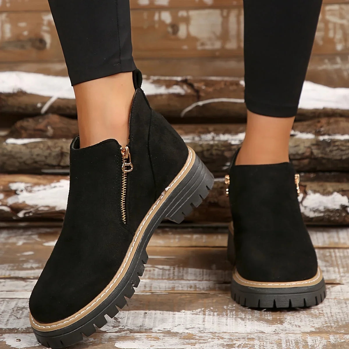 Women's leopard suede side zip ankle boots with chunky lug sole – Black